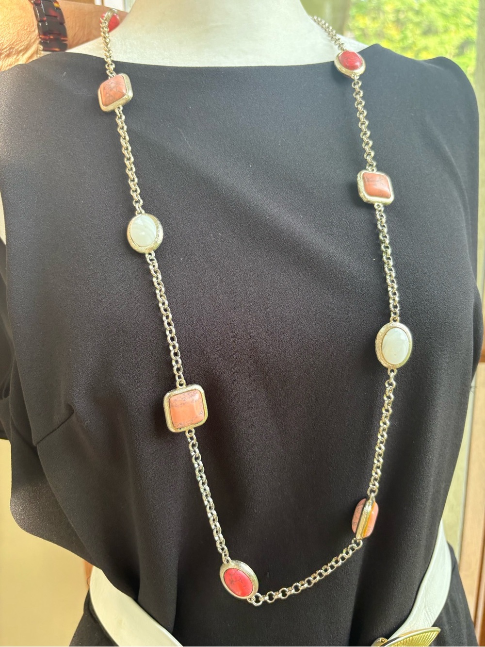 Vintage Monet Long Silver Chain Necklace with Coral and Ivory Crackle Stones
